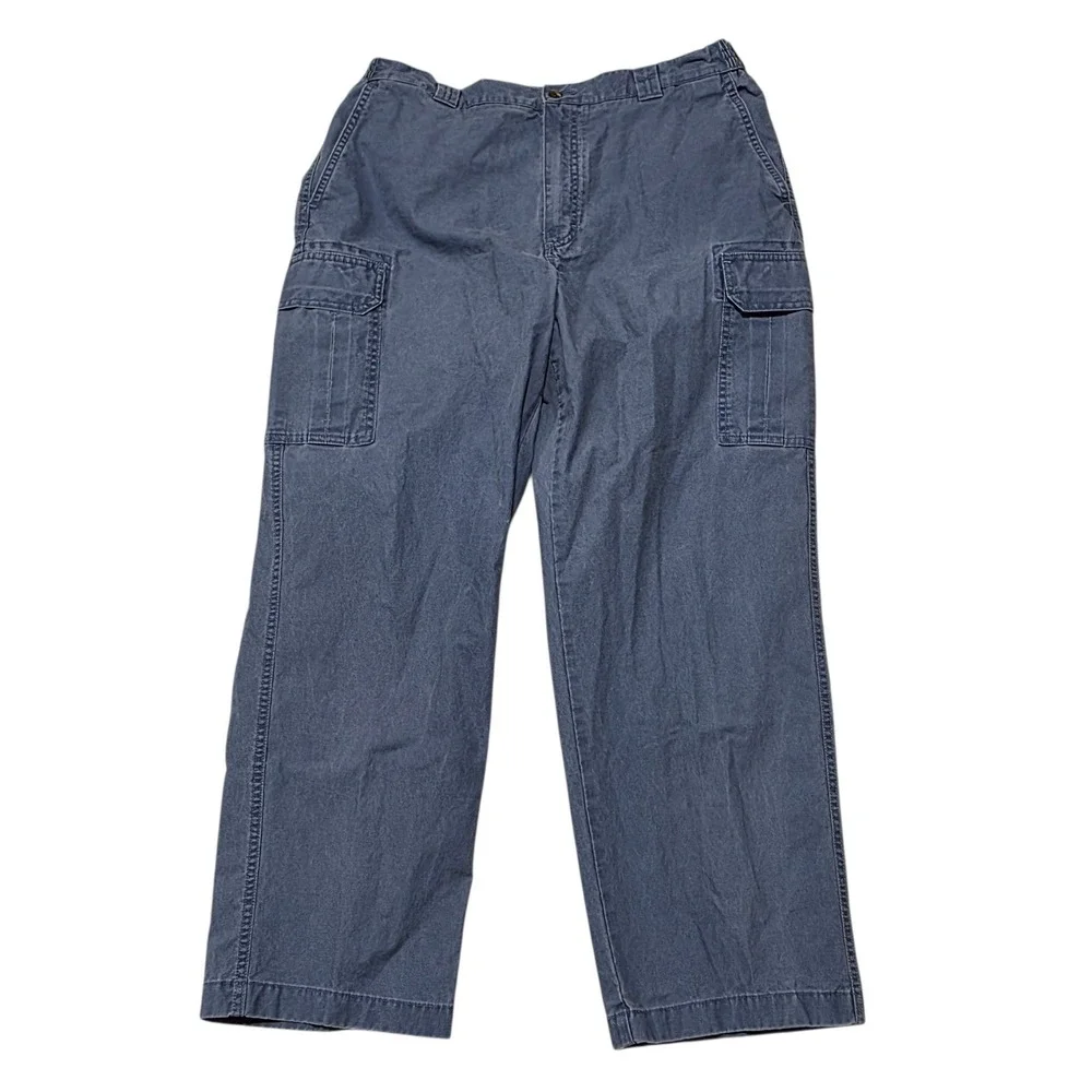 LL Bean Comfort Waist Cargo Pants Mens 38x30 Blue 100% Cotton Elastic Side